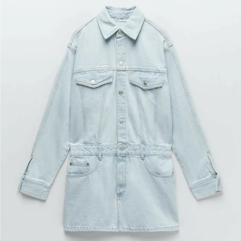 Zara light blue denim long sleeve collared dress denim jeans mini
